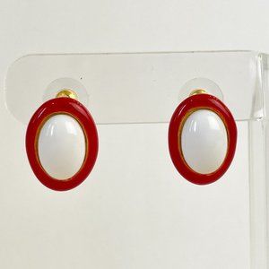 Donald Stannard Pierced Earrings Vintage 80s Eighties Red White Oval Lucite